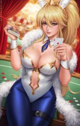 Rule 34 | 1girl, animal ears, artoria pendragon (all), artoria pendragon (fate), artoria pendragon (lancer) (fate), artoria pendragon (swimsuit ruler) (fate), bare shoulders, blonde hair, blue pantyhose, braid, breasts, card, casino, casino card table, cleavage, clothing cutout, detached collar, fake animal ears, fate/grand order, fate (series), feather boa, fishnet pantyhose, fishnets, french braid, green eyes, highleg, highleg leotard, highres, holding, holding card, large breasts, leotard, long hair, looking at viewer, navel, navel cutout, pantyhose, playboy bunny, playing card, poker chip, poker table, rabbit ears, rabbit girl, realistic, sciamano240, signature, sitting, sitting on table, smile, solo, table, white leotard, wrist cuffs
