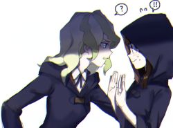 Rule 34 | 10s, 2girls, bad id, bad pixiv id, blue eyes, blush, brown hair, chromatic aberration, cloak, diana cavendish, henpei saboten, hood, hood down, hood up, hooded cloak, kagari atsuko, little witch academia, long hair, multicolored hair, multiple girls, open mouth, red eyes, school uniform, simple background, white background, witch, yuri