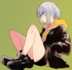Rule 34 | 1girl, ankle boots, bad id, bad pixiv id, black coat, black footwear, black shorts, boots, closed mouth, coat, from side, full body, green background, hand in pocket, hood, hoodie, legs, musshu (omu001), orange hoodie, original, profile, shoes, short hair, shorts, silver hair, simple background, sitting, solo