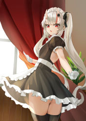 Rule 34 | 1girl, absurdres, alternate costume, apron, ass, backless dress, backless outfit, backlighting, black dress, black thighhighs, curtain grab, curtains, dress, enmaided, gloves, grey hair, hair ribbon, highres, hololive, horns, indoors, long hair, looking down, maid, maid apron, maid headdress, multicolored hair, nakiri ayame, oni, open mouth, paid reward available, puffy short sleeves, puffy sleeves, red eyes, red hair, ribbon, shancha, short dress, short sleeves, skin-covered horns, skindentation, solo, streaked hair, sunlight, thighhighs, thighs, twintails, virtual youtuber, waist apron, white gloves