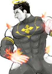 Rule 34 | 1boy, alternate costume, bad id, bad pixiv id, bara, bare shoulders, black hair, blush, bulge, covered abs, covered navel, facial hair, favoritelance28, flaming hand, frown, halo, hip vent, large pectorals, male focus, mature male, muscular, muscular male, pectorals, po fu, short hair, sideburns, solo, spot color, stubble, thick thighs, thighs, tokyo houkago summoners, zabaniyya (housamo)
