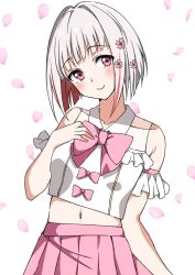 Rule 34 | 1girl, alternate costume, armpit crease, bare shoulders, blunt bangs, blush, bob cut, bow, bowtie, breasts, cherry blossoms, closed mouth, collarbone, colored inner hair, commentary, crop top, djpwjd1, falling petals, flower, frilled shirt, frills, grey hair, hair flower, hair ornament, hand on own chest, highres, inverted bob, link! like! love live!, looking at viewer, love live!, midriff, multicolored hair, navel, petals, pink bow, pink bowtie, pink eyes, pink flower, pink petals, pink skirt, pleated skirt, red hair, shirt, short hair, skirt, skirt hold, small breasts, smile, solo, streaked hair, symbol-only commentary, upper body, virtual youtuber, white background, white shirt, yugiri tsuzuri