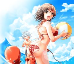 Rule 34 | 1boy, 1girl, ass, ball, beachball, bikini, bikini pull, breasts, butt crack, clothes pull, elie, haru glory, large breasts, light brown hair, official art, open mouth, rave, swimsuit, water