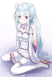 1girl :o bad_id bad_pixiv_id bare_shoulders blunt_bangs blush boots braid breasts cleavage commentary crown_braid detached_sleeves dress emilia_(re:zero) flower hair_flower hair_ornament hair_ribbon highres kneeling light_purple_hair long_hair looking_at_viewer low-tied_long_hair medium_breasts nagisa_(cxcx5235) pointy_ears purple_eyes re:zero_kara_hajimeru_isekai_seikatsu revision ribbon rose silver_hair smile solo thigh_boots thighhighs white_flower white_rose white_thighhighs x_hair_ornament