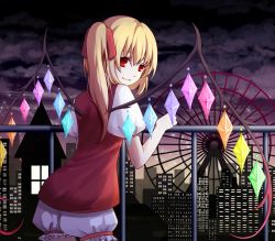 Rule 34 | 1girl, blonde hair, bloomers, bow, city, cloud, crystal, dress, ferris wheel, flandre scarlet, from behind, hair bow, looking back, night, night sky, outdoors, pawnluoluo, puffy short sleeves, puffy sleeves, red dress, red eyes, scenery, short dress, short hair, short sleeves, side ponytail, sky, smile, solo, touhou, underwear, wings