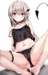 Rule 34 | 1girl, absurdres, arms behind back, barefoot, black choker, black panties, black shirt, blush, cameltoe, choker, closed mouth, commentary request, crop top, cropped shirt, crossed bangs, demon girl, demon tail, eyes visible through hair, grey background, grey hair, highres, long hair, looking at viewer, midriff, navel, original, paid reward available, panties, pointy ears, red eyes, shirt, simple background, solo, spread legs, stomach tattoo, strap slip, tail, tattoo, thigh strap, toshizou (0714), underwear, very long hair