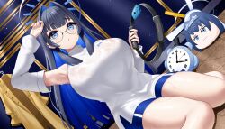 Rule 34 | 1girl, :o, absurdres, bare legs, bare shoulders, black hair, blue eyes, blue hair, blunt bangs, breasts, clock, coat, unworn coat, colored inner hair, detached sleeves, dutch angle, earrings, glasses, hair intakes, halo, highres, hololive, hololive english, indoors, jewelry, kronie (ouro kronii), large breasts, long hair, looking at viewer, mechanical halo, multicolored hair, nintendo switch, official alternate costume, official alternate hairstyle, ouro kronii, ouro kronii (casual), ring-con, roina (effj7473), see-through, short shorts, shorts, sitting, sweat, sweater, turtleneck, turtleneck sweater, virtual youtuber, wariza, white sweater, yukkronii (ouro kronii)