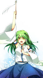 Rule 34 | 1girl, arm up, blush, breasts, detached sleeves, female focus, frog hair ornament, gohei, green eyes, green hair, hair ornament, hair tubes, highres, kochiya sanae, large breasts, long hair, matching hair/eyes, mise yuzuki, oonusa, open mouth, skirt, snake, solo, touhou