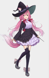 Rule 34 | 1girl, akipeko, animal ear fluff, animal ears, black hat, black thighhighs, breasts, cat ears, cat girl, cat tail, dress, ears through headwear, frilled dress, frills, full body, hair ribbon, hat, highres, holding, holding wand, indie virtual youtuber, key, long hair, long sleeves, looking at viewer, medium breasts, meika ruka, open mouth, pink eyes, pink hair, ribbon, smile, standing, standing on one leg, striped ribbon, tail, thighhighs, twintails, very long hair, virtual youtuber, wand, wide sleeves, witch hat