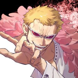 Rule 34 | 1boy, blonde hair, coat, coat on shoulders, dated, donquixote doflamingo, earrings, fur coat, hand gesture, hand up, highres, jewelry, long sleeves, male focus, one piece, open mouth, partially colored, pink fur, red-tinted eyewear, shirt, short hair, signature, skull print, smile, solo, sunglasses, tinted eyewear, white shirt, xuchuan