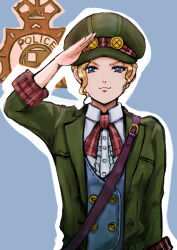 Rule 34 | 1girl, ace attorney, arm up, blonde hair, blue background, blue eyes, blue vest, bow, bowtie, buttons, cabbie hat, center frills, closed mouth, coat, collared shirt, commentary request, frills, gina lestrade, green coat, green hat, hat, long sleeves, looking at viewer, red bow, red bowtie, rururu (magsick opecal), salute, shirt, short hair, sleeves rolled up, smile, solo, the great ace attorney, the great ace attorney 2: resolve, upper body, vest, white shirt