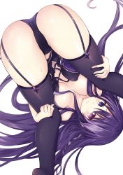 Rule 34 | 1girl, ass, breasts, cleavage, convenient censoring, corset, date a live, garter straps, highres, long hair, medium breasts, official art, panties, purple eyes, purple hair, simple background, solo, thighhighs, topless, tsunako, underwear, upside-down, very long hair, white background, yatogami tooka