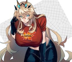 Rule 34 | 1girl, aqua eyes, blonde hair, breasts, buster shirt, cowboy shot, crop top, elbow gloves, barghest (fate), fate/grand order, fate (series), gloves, huge breasts, long hair, looking at viewer, midriff, muscular, muscular female, red shirt, shirt, smile, solo, tall female, u 5ham0