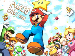 Rule 34 | 2boys, 3girls, 6+others, ? block, angry, blonde hair, blue dress, blue eyes, blue sky, boo (mario), bowser, bowser jr., breasts, brown hair, crown, dress, earrings, facial hair, flower earrings, flying, ghost, gloves, goomba, grin, hat, highres, jewelry, koopa troopa, lakitu, light rays, looking at viewer, luigi, luma (mario), mario, mario (series), mario day, multiple boys, multiple girls, multiple others, mustache, nintendo, one eye closed, open mouth, orange dress, pink dress, princess daisy, princess peach, rosalina, sky, smile, super star (mario), sunbeam, sunlight, super mario bros. 1, toad (mario), toadette, tongue, tongue out, wings, wink, yoshi