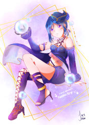 Rule 34 | 1girl, absurdres, akadkiri, alternate hairstyle, artist name, artist request, asymmetrical footwear, bare legs, bare shoulders, blue hair, blue hat, blue pants, blue shorts, blush, boots, breasts, cleavage, collarbone, cross-laced footwear, crystal ball, detached collar, earrings, elbow sleeves, female focus, full body, hair between eyes, hair ornament, hat, high heels, highres, jewelry, long hair, looking at viewer, love live!, love live! school idol festival, love live! school idol festival all stars, love live! sunshine!!, matsuura kanan, mini hat, mismatched footwear, pants, parted lips, ponytail, purple eyes, short hair, shorts, single boot, single high heel, small breasts, smile, solo, sparkle print