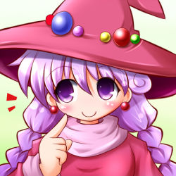 Rule 34 | 1girl, blush, braid, hat, long hair, lowres, meiru mebi, monster maker, no nose, pointing, purple eyes, purple hair, rufia (monster maker), smile, solo, twin braids, white background, witch hat