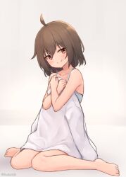 Rule 34 | 1girl, ahoge, arm up, artist name, bare shoulders, barefoot, blush, bob cut, bra, brown hair, centi mnkt, collarbone, covering body, full body, highres, hug, hugging object, looking at viewer, original, oversized clothes, red eyes, shirt, short hair, sidelocks, sitting, solo, sports bra, tongue, tongue out, twitter username, underwear, wariza, white shirt