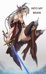 Rule 34 | 1girl, ass, bare shoulders, belt, black dress, black thighhighs, boots, breasts, brown footwear, closed mouth, collarbone, dress, eruthika, fantasy, full body, grey eyes, grey hair, hair ornament, highres, holding, holding sword, holding weapon, knee boots, long hair, long legs, looking at viewer, medium breasts, original, sidelocks, skirt, smile, solo, sword, thighhighs, thighs, weapon, white skirt