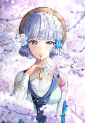 Rule 34 | 1girl, absurdres, ayaka (genshin impact), blue hair, breasts, buttons, cherry blossoms, commentary request, covered mouth, double-breasted, dress, flower, genshin impact, grey eyes, hair flower, hair ornament, hair rings, highres, holding, holding flower, kamisato ayaka, kamisato ayaka (springbloom missive), long sleeves, looking at viewer, medium breasts, mixed-language commentary, multicolored clothes, multicolored dress, official alternate costume, outdoors, short hair, solo, tassel, white dress, yeni1871