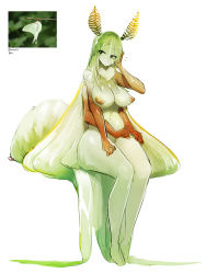 Rule 34 | 1girl, antennae, breasts, bug, colored skin, extra arms, female focus, green hair, green skin, highres, bug, arthropod girl, large breasts, long hair, monster girl, moth, moth girl, my700, nipples, nude, original, reference photo, simple background, sitting, solo, very long hair, white background, wide hips