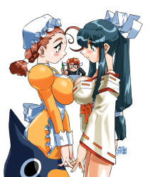 Rule 34 | 1990s (style), 3girls, apron, artist name, black eyes, black hair, blush, breast press, breasts, brown eyes, brown hair, cleavage, cowboy shot, face-to-face, final romance 4, hat, high ponytail, holding, holding pencil, japanese clothes, juliet sleeves, large breasts, long hair, long sleeves, looking at another, low-tied long hair, maid, medium hair, miko, mob cap, multiple girls, non-web source, official art, pencil, profile, puffy sleeves, retro artstyle, ribbon-trimmed sleeves, ribbon trim, simple background, symmetrical docking, waist apron, white apron, white background, yoshizaki mine