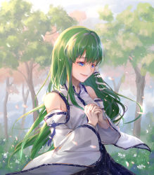 Rule 34 | 1girl, arm up, bare shoulders, blue eyes, blue skirt, blush, branch, breasts, collared shirt, commentary request, cropped legs, detached sleeves, frog hair ornament, green hair, hair between eyes, hair ornament, highres, kilitsuki, kochiya sanae, large breasts, long hair, long sleeves, looking to the side, nature, own hands clasped, own hands together, petals, shirt, skirt, snake hair ornament, solo, touhou, tree, wide sleeves