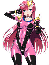 Rule 34 | 00s, 1girl, :d, blue eyes, bodysuit, breasts, choker, collarbone, cosplay, cowboy shot, g gundam, gloves, gundam, gundam seed, gundam seed destiny, hair ornament, latex, latex gloves, latex suit, leotard, long hair, medium breasts, meer campbell, mobile trace suit, navel, open mouth, pink hair, rain mikamura, rain mikamura (cosplay), sen (sansui), simple background, skin tight, smile, solo, sunrise (company), v, very long hair, white background