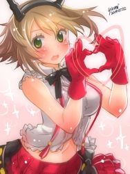 Rule 34 | 1girl, alternate costume, bare shoulders, bokura wa ima no naka de, brown hair, cosplay, gloves, green eyes, headgear, heart, heart hands, kantai collection, looking at viewer, love live!, love live! school idol project, midriff peek, mutsu (kancolle), navel, open mouth, plaid, plaid skirt, red gloves, red skirt, shirt, short hair, skirt, sleeveless, sleeveless shirt, solo, suspenders, wavy mouth, white shirt, yumi yumi