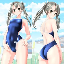 Rule 34 | 1girl, absurdres, arena (company), ass, blue one-piece swimsuit, breasts, brown eyes, cameltoe, collarbone, commentary request, competition swimsuit, covered navel, cowboy shot, from behind, grey hair, grin, hair ribbon, highres, kantai collection, logo, long hair, looking at viewer, looking back, multiple views, one-piece swimsuit, ribbon, small breasts, smile, swimsuit, takafumi, twintails, white ribbon, zuikaku (kancolle)