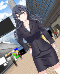 Rule 34 | 10s, 1girl, absurdres, artist request, black skirt, blue hair, dutch angle, formal, hand on own hip, highres, long hair, looking at viewer, office lady, pencil skirt, red eyes, seikaisuru kado, skirt, skirt suit, solo, suit, swept bangs, tsukai saraka