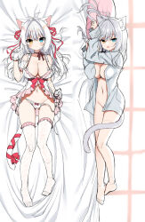 Rule 34 | 1girl, :d, aina rive, animal ear fluff, animal ears, antenna hair, babydoll, blue eyes, blush, breasts, brown eyes, cameltoe, cat ears, cat girl, cat tail, cleavage, cleft of venus, collarbone, convenient censoring, dakimakura (medium), frilled babydoll, frilled gloves, frilled thighhighs, frills, gloves, hair between eyes, hair intakes, hair ribbon, heterochromia, large breasts, long bangs, lying, mauve, naked shirt, navel, on back, on bed, on side, open mouth, original, red ribbon, ribbon, ribbon-trimmed panties, shirt, sketch, smile, solo, strap slip, tail, tail ornament, tail ribbon, thighhighs, unfinished
