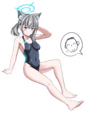 Rule 34 | 1girl, absurdres, animal ear fluff, animal ears, barefoot, black one-piece swimsuit, blue archive, blue eyes, breasts, competition swimsuit, covered navel, cross hair ornament, doodle sensei (blue archive), extra ears, grey hair, hair ornament, halo, highres, invisible chair, keshikasu9, low ponytail, medium breasts, medium hair, mismatched pupils, multicolored clothes, multicolored swimsuit, one-piece swimsuit, sensei (blue archive), shiroko (blue archive), shiroko (swimsuit) (blue archive), simple background, sitting, solo, swimsuit, white background