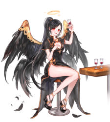 Rule 34 | 1girl, 96dgd, absurdres, arm up, bar stool, bare legs, black dress, black feathers, black footwear, black hair, black wings, bracelet, breasts, cleavage cutout, clothing cutout, commission, cup, dress, feathers, full body, halo, hand on own chest, highres, holding, holding cup, illien (illien), jewelry, looking at viewer, mabinogi, mabinogi heroes, medium breasts, multiple wings, on stool, open mouth, orange trim, original, platform footwear, ponytail, red eyes, side slit, simple background, sitting, smile, solo, stool, table, teeth, upper teeth only, white background, wings, yellow halo