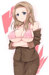 Rule 34 | 1girl, bad id, bad pixiv id, bikini, blue eyes, breast hold, breasts, brown hair, brown jacket, closed mouth, clothes pull, collarbone, commentary, cowboy shot, formal, hair over shoulder, hands in opposite sleeves, jacket, jacket pull, large breasts, long hair, long sleeves, looking at viewer, medium skirt, off shoulder, pencil skirt, pink bikini, saki (manga), satou yuuko, skirt, skirt suit, smile, solo, standing, suit, swimsuit, white background, yoi naosuke