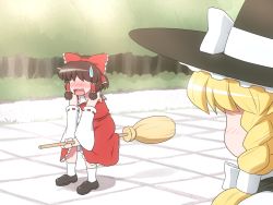 Rule 34 | 2girls, blonde hair, blush, bow, braid, broom, broom riding, brown hair, caught, commentary request, detached sleeves, dress, forest, hair bow, hair tubes, hakurei reimu, hat, kirisame marisa, long sleeves, multiple girls, nature, open mouth, red dress, role reversal, shirosato, single braid, sweatdrop, touhou, wide sleeves, witch hat