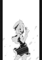 Rule 34 | 1girl, cowboy shot, female focus, from behind, greyscale, letty whiterock, long sleeves, looking back, monochrome, motion blur, shimadoriru, simple background, snowing, solo, standing, touhou, waving, white background