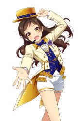 Rule 34 | 1girl, :d, bare legs, blue bow, blue bowtie, blue vest, bow, bowtie, brown hair, dress shirt, floating hair, hat, headset, holding, holding clothes, holding hat, idolmaster, idolmaster million live!, jacket, kitazawa shiho, long hair, long sleeves, looking at viewer, microphone, open clothes, open jacket, open mouth, outstretched hand, print bow, print bowtie, reaching, reaching towards viewer, shirt, short shorts, shorts, simple background, smile, solo, standing, touon, vest, white background, white jacket, white shirt, white shorts, yellow eyes, yellow hat