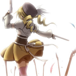 Rule 34 | 10s, 1girl, beret, blonde hair, brown thighhighs, corset, detached sleeves, drill hair, dual wielding, field of blades, fingerless gloves, from behind, gloves, gun, hair ornament, hairpin, hat, holding, magical girl, magical musket, mahou shoujo madoka magica, mahou shoujo madoka magica (anime), pleated skirt, puffy sleeves, ribbon, rifle, ruo (cruzada), simple background, skirt, solo, striped clothes, striped thighhighs, thighhighs, tomoe mami, twin drills, twintails, vertical-striped clothes, vertical-striped thighhighs, weapon, white background, zettai ryouiki