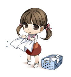 Rule 34 | 1girl, bad id, bad pixiv id, bow, brown eyes, brown hair, chibi, doujima nanako, frenchmaid (made in frenchmaid), hair bow, hair ribbon, laundry, laundry basket, lowres, persona, persona 4, ribbon, short hair, short twintails, simple background, smile, solo, twintails