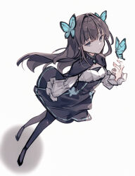 Rule 34 | 1girl, absurdres, arcaea, blue butterfly, breasts, brown hair, bug, butterfly, butterfly hair ornament, butterfly ornament, cleavage cutout, clothing cutout, commentary request, crossed legs, floating clothes, frilled sleeves, frills, from above, full body, grey eyes, hair intakes, hair ornament, highres, insect, light frown, long hair, long sleeves, looking at viewer, miyu (miy u1308), pantyhose, shadow, shoes, simple background, small breasts, solo, tairitsu (arcaea), watson cross, white background, wind