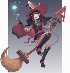 Rule 34 | 10s, 1girl, animal ears, boots, broom, brown hair, chain, doren, ears through headwear, gloves, hat, highres, kagari atsuko, kemonomimi mode, little witch academia, long hair, rabbit ears, red eyes, school uniform, simple background, skirt, solo, wand, witch, witch hat
