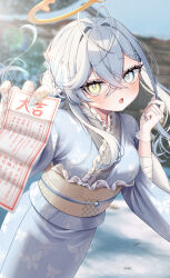 Rule 34 | 1girl, absurdres, animal print, antenna hair, blue eyes, blue kimono, blush, breasts, butterfly print, commentary request, crossed bangs, double-parted bangs, frilled kimono, frills, furisode, gloves, grey hair, hair between eyes, hair ornament, hairclip, halo, hatsumoude, heterochromia, highres, holding, holding paper, japanese clothes, kimono, lace, lace-trimmed kimono, lace gloves, lace trim, long hair, long hair between eyes, long sleeves, looking at viewer, medium breasts, melting halo, monuke (monu), nail polish, new year, obi, omikuji, open mouth, original, outdoors, paper, sash, solo, sparkling eyes, white gloves, wide sleeves, yellow eyes, yellow halo