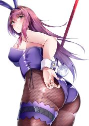 Rule 34 | 1girl, absurdres, adjusting clothes, adjusting leotard, animal ears, ass, bare shoulders, blush, breasts, detached collar, fake animal ears, fate/grand order, fate (series), from behind, gae bolg (fate), hair between eyes, highres, large breasts, leotard, long hair, looking at viewer, looking back, official alternate costume, open mouth, pantyhose, playboy bunny, polearm, purple hair, rabbit ears, rabbit tail, red eyes, scathach (fate), scathach (piercing bunny) (fate), shiny clothes, shiny skin, sideboob, simple background, solo, spear, tail, thigh strap, thighs, very long hair, weapon, white background