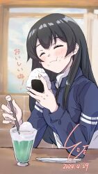 Rule 34 | 1girl, agano (kancolle), black hair, blue jacket, closed eyes, commentary request, cream soda, dated, drink, eating, food, highres, jacket, kantai collection, ld (luna dial398), long hair, official alternate costume, onigiri, signature, solo