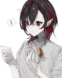 Rule 34 | !, 1girl, black hair, burger, colored inner hair, commission, dorq, eating, food, hair behind ear, hair between eyes, holding, holding food, holding phone, lettuce, multicolored hair, phone, pointy ears, red eyes, red hair, rei (tsunderia), second-party source, shirt, short hair, skeb commission, solo, speech bubble, spoken exclamation mark, surprised, tsunderia, virtual youtuber, white shirt