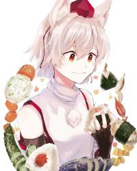 Rule 34 | 1girl, animal ears, autumn leaves, black gloves, carrot, closed mouth, commentary request, cucumber, cucumber slice, eating, eggplant, elbow gloves, fingerless gloves, food, gloves, hair between eyes, hat, highres, holding, holding food, inubashiri momiji, leaf, maple leaf, matsukuzu, nail polish, onigiri, pink nails, pom pom (clothes), red eyes, red hat, rice, shirt, short hair, simple background, sleeveless, sleeveless shirt, solo, sushi, tokin hat, touhou, turtleneck, upper body, wavy mouth, white background, white hair, wolf ears, wolf girl