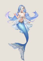Rule 34 | 1girl, 37 (reverse:1999), :d, absurdres, alternate costume, arm support, bare arms, bare shoulders, bikini, bikini top only, blue eyes, blue hair, breasts, floating hair, full body, hair between eyes, hand up, highres, kneeless mermaid, layered bikini, long hair, looking at viewer, low twintails, mermaid, monster girl, navel, open mouth, pearl hair ornament, reverse:1999, shell, shell bikini, shell hair ornament, siole, small breasts, smile, solo, stomach, swimsuit, teeth, twintails, upper teeth only, very long hair, white bikini, yellow background