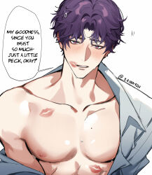 Rule 34 | 1boy, collarbone, collared shirt, commentary, english commentary, english text, eriimyon, highres, lips, lipstick mark on chest, looking at viewer, love and deepspace, male focus, muscular, muscular male, open clothes, open shirt, parted lips, pectorals, purple eyes, purple hair, rafayel (love and deepspace), shirt, solo, sweat, teeth, upper body, white shirt