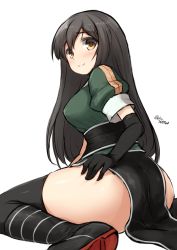 Rule 34 | 10s, 1girl, ass, back, belt, black footwear, black gloves, black hair, black skirt, black thighhighs, blouse, blush, boots, breasts, brown eyes, brown hair, chikuma (kancolle), cross-laced footwear, don (29219), elbow gloves, gloves, kantai collection, lace-up boots, large breasts, long hair, long skirt, looking back, pelvic curtain, puffy short sleeves, puffy sleeves, shirt, short sleeves, single glove, single thighhigh, sitting, skirt, smile, solo, thigh strap, thighhighs