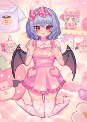 Rule 34 | 1girl, absurdres, alternate costume, apron, bat wings, blue hair, blurry, blurry background, blush, bow, character doll, claw pose, clothes writing, depth of field, dress, english text, fang, fang out, floral print, food print, frown, full body, fumo (doll), hair between eyes, hair bow, hat, heart, heart print, highres, kneeling, knees together feet apart, looking at viewer, medium hair, mob cap, nail polish, polka dot, polka dot bow, print legwear, print thighhighs, qiu ju, red nails, remilia scarlet, star (symbol), thighhighs, touhou, wings